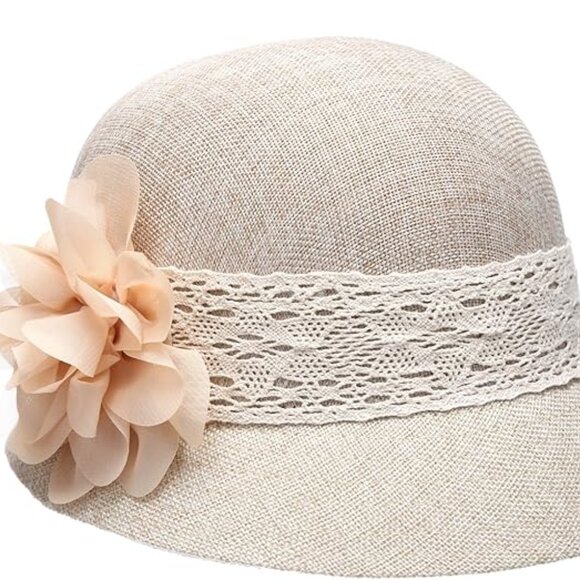 Women's Gatsby Linen Cloche Hat with Lace Band and Flower - Picture 2 of 4